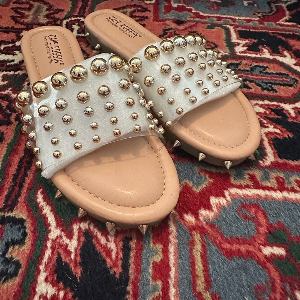 Cape Robbin Gold and Tan Sandals with Metallic Embellishments